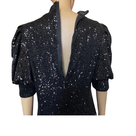 Joie Women's Sequin Puff Sleeve Back Zip Size Large Black Cocktail Evening Dress - Picture 4 of 11